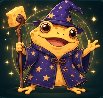 Golden FrogSpell wizard in a purple star-covered robe